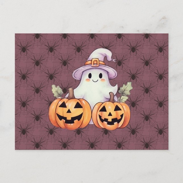 Ghost Witches Hat Pumpkins Spiders Halloween Helg Vykort (Framsida)