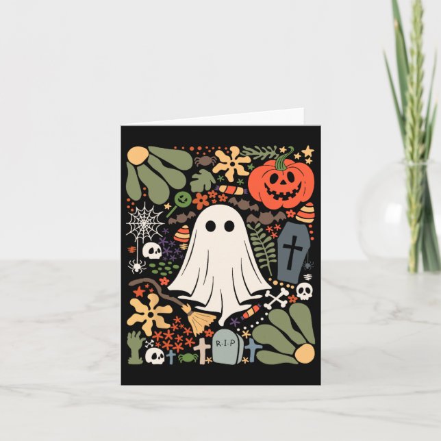 Ghost with Flowers Halloween Blommigt Pumpkin Ghos Kort (Framsida)