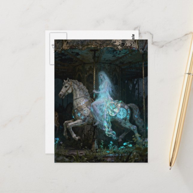 Ghost Woman on Abandoned Carousel Vykort (Fram/Back In Situ)