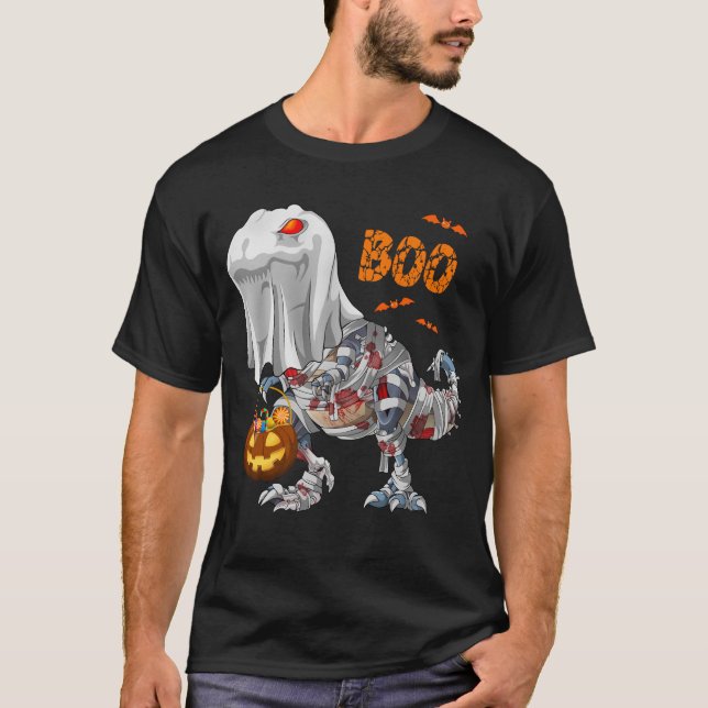 Ghost Zombie Mummy Dinosaur Boo Halloween Pumpkin T Shirt (Framsida)