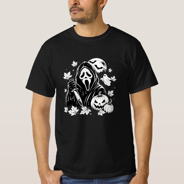 Ghostface Kniv Höstlöv Pumpa Halloween Sl T Shirt (Framsida)