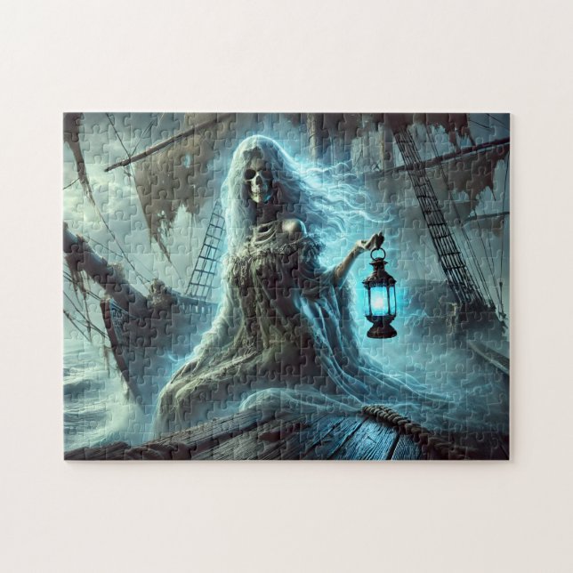 Ghostly Pirate Queen on Ship of the Stormy Sea Pussel (Horisontell)