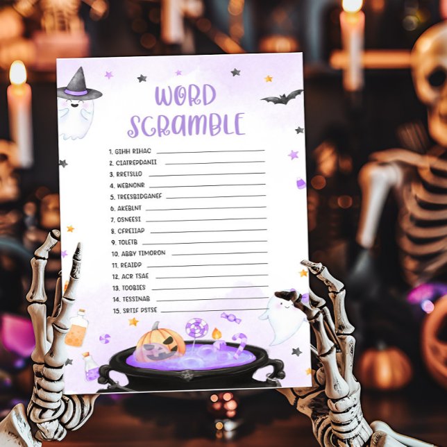 Ghoul Halloween Baby Shower Ord Scramble Game (Purple Oh Sheet Baby Shower Word Scramble Game)