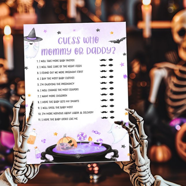 Ghoul Halloween Gissa vem Mamma eller pappa Game (Purple Oh Sheet Baby Shower Guess who Mommy or Daddy Game)