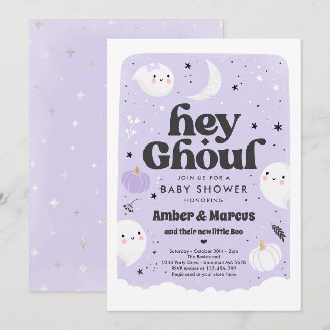 Ghoul Lila Girl Girl Ghost Baby Shower Inbjudningar (Fram/baksida)