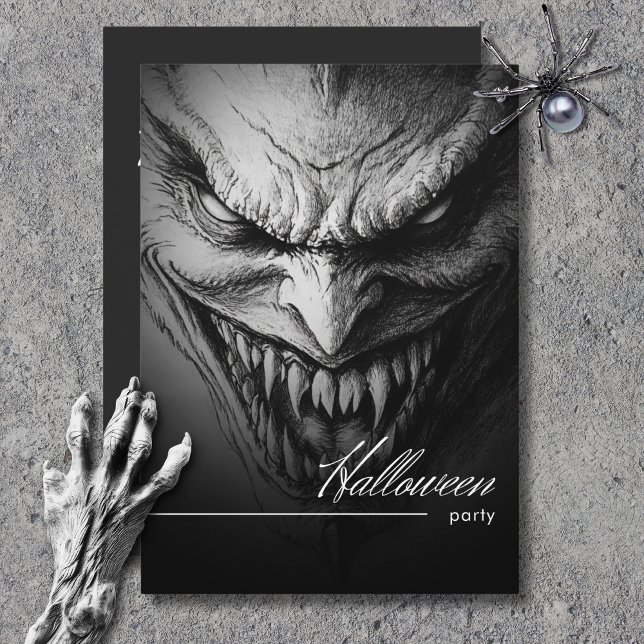 Ghoulish Gargoyle Black & White Halloween fest Inbjudningar (Ghoulish Gargoyle Black & White Halloween Party Invitation)
