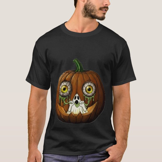 Ghoulish Ghost Dripping Eyeballs Jack-O-Lantern T Shirt (Framsida)