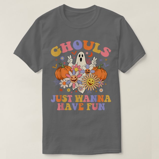 Ghouls har Roligt Blommigt Ghost Boo Pumpkin Groov T Shirt (Design framsida)