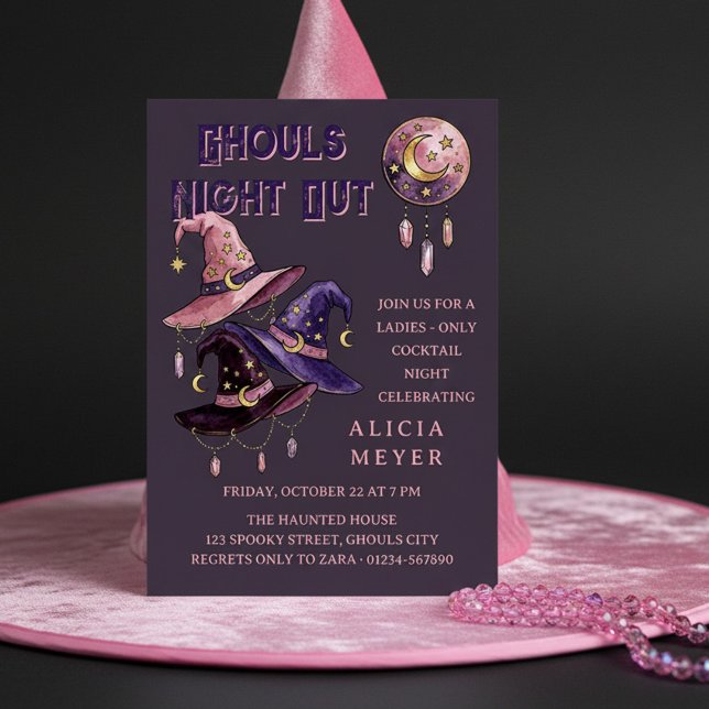 Ghouls Night Out Häx-Halloweenfest Inbjudningar (Ghouls Night Out halloween invite with celestial witches hats by Darling & May (printed or digital))