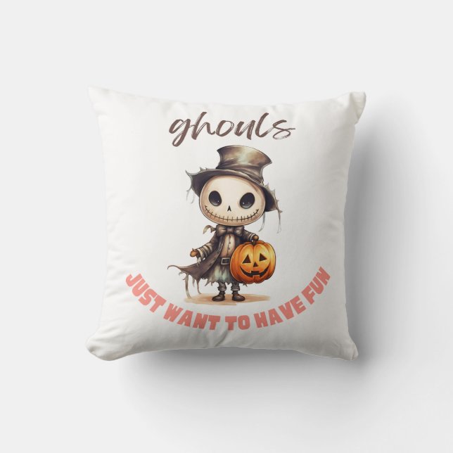 Ghouls vill bara ha Roligt White Halloween Kudde (Framsida)