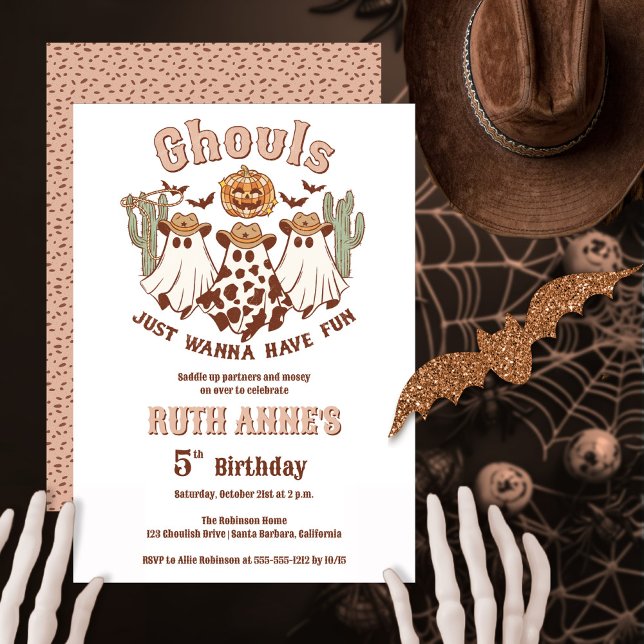 Ghouls vill ha Roligt Halloween Födelsedagsfest Inbjudningar ("Ghouls Just Wanna Have Fun" girl's western Halloween-themed birthday party.  Edit for any age.)