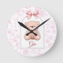 Gia | Anpassad Rosa Teddybjörn Nurseriesmycke Rund Klocka