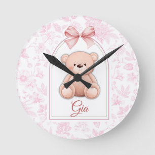 Gia Anpassad Rosa Teddybjörn Nurseriesmycke Rund Klocka