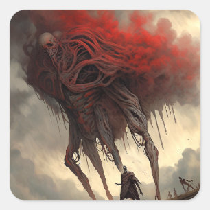 Giant Alien Walking Science fiction Horror Art Fyrkantigt Klistermärke