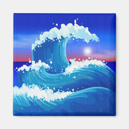 Giant Blue Tsunami Wave med Sol Teckning Magnet