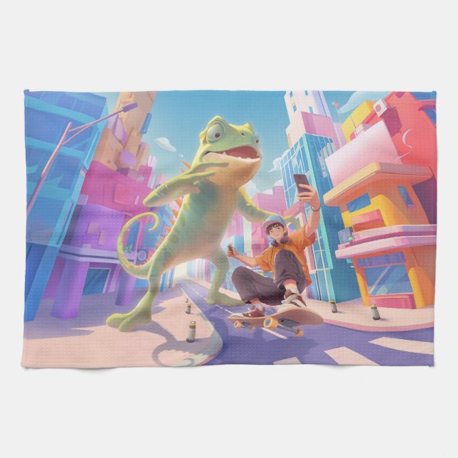 Giant Chameleon - City Illustration Kökshandduk (Horisontell)