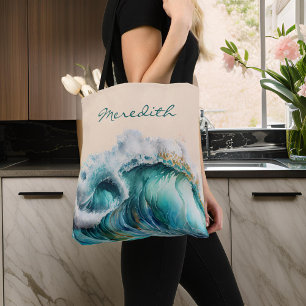 Giant Cresting Blue Grönt Ocean Wave med Monogram Tygkasse