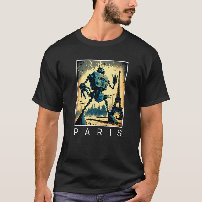 Giant Evil Robot Attacking Paris Sci Fi T Shirt (Framsida)