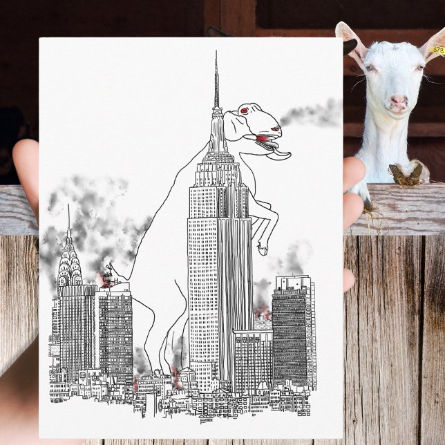 Giant Goat Attack i New York Funny Animal Art Vykort (Funny giant goat in New York City film parody line art drawing)