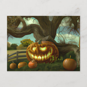 Giant Jack-O'Lantern Mangled Träd Halloween Helg Vykort