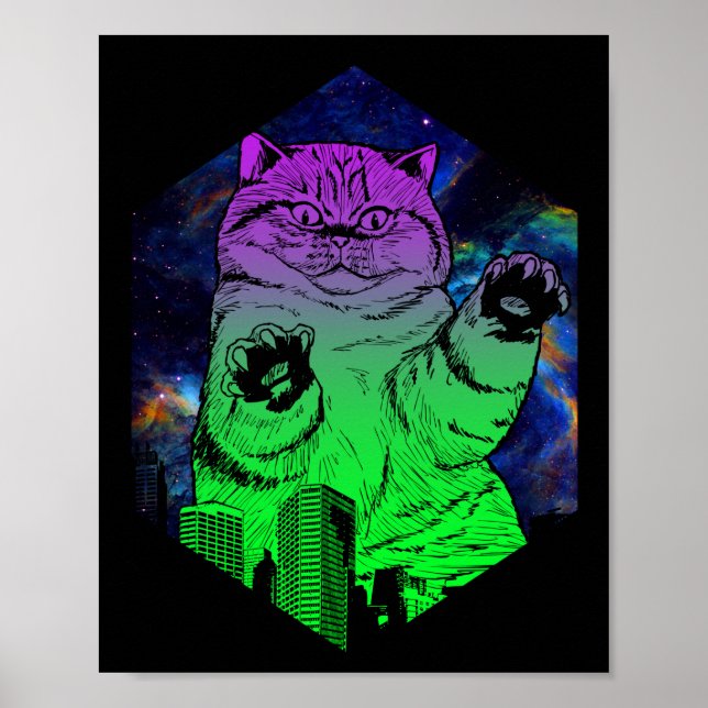 Giant Monster Catzilla attackerar Cat Skyline Poster (Framsidan)