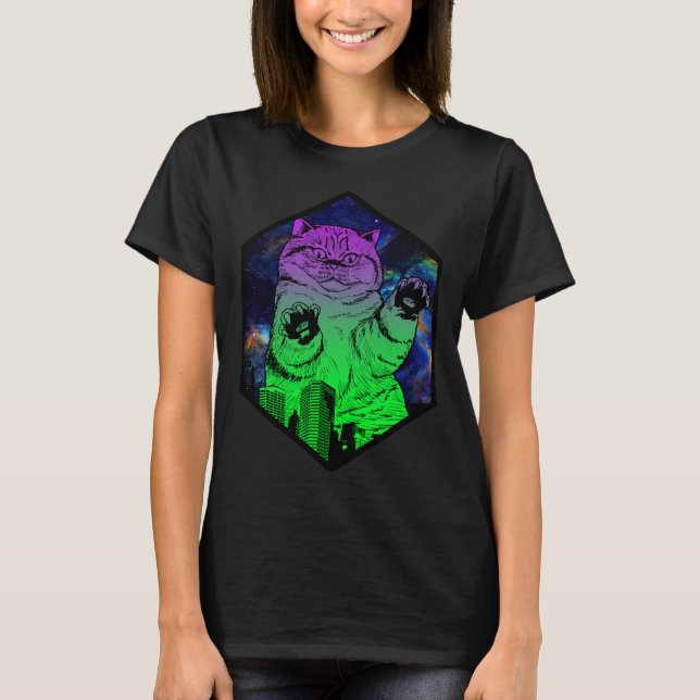 Giant Monster Catzilla attackerar Cat Skyline T Shirt (Framsida)