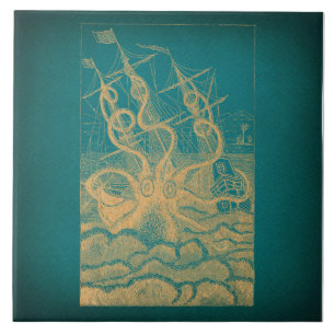 Giant Octopus Attacker Frakt Teal Antique Kraken Kakelplatta