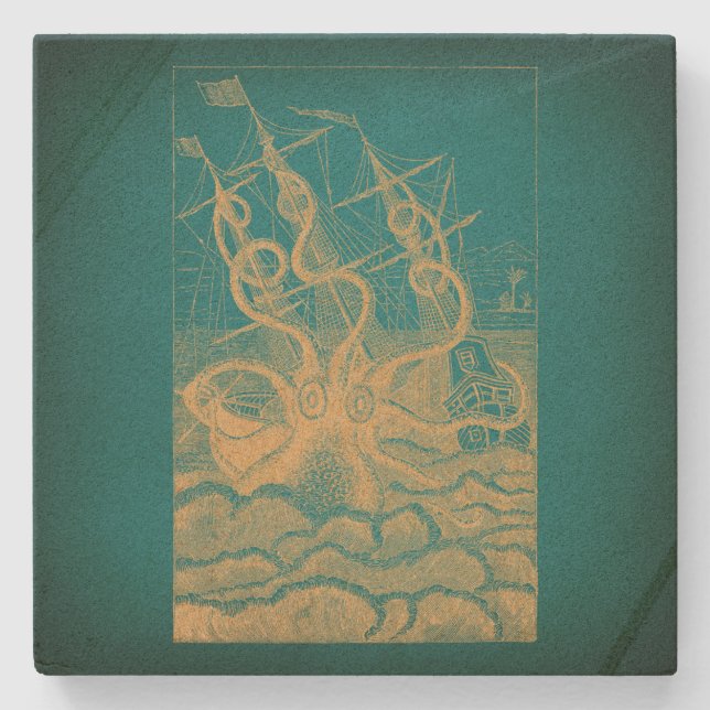 Giant Octopus Attacker Frakt Teal Antique Kraken Stenunderlägg (Framsidan)