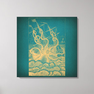Giant Octopus Attacking Frakt Teal Antique Kraken Canvastryck