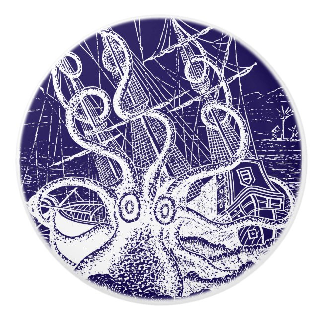 Giant Octopus Kraken Attack marinblått Knopp (Framsidan)