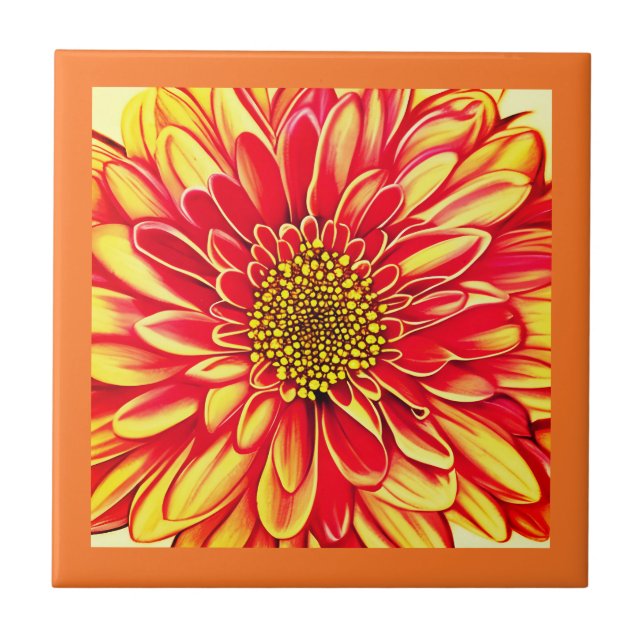Giant Orange och Golden Gult Aster Flower Kakelplatta (Framsidan)