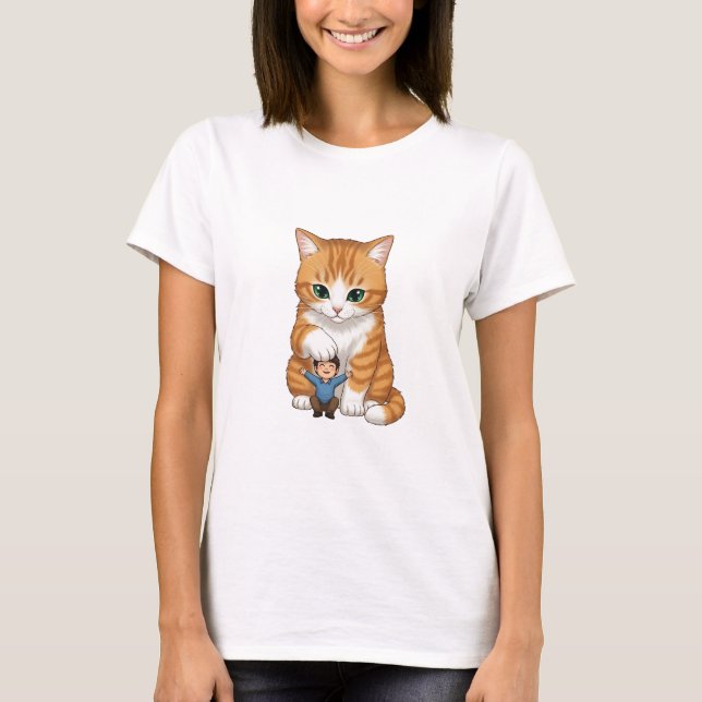 Giant Orange Tabby Cat Gently Patting Tiny Happy T Shirt (Framsida)