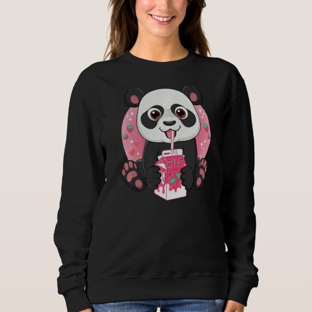 Giant Panda Bear Drinking Strawberry Mjölk T Shirt (Framsida)