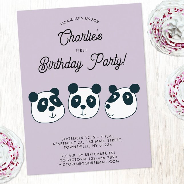 Giant Panda Bear First Födelsedagsfest inbjudan (Cute panda bear animal themed personalized first birthday party invitation)