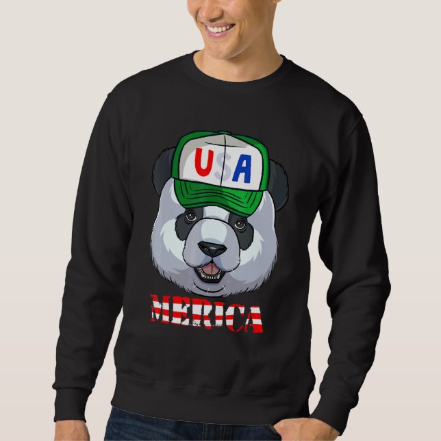 Giant Panda Bear Merica 4:e juli amerikanska Flagg Lång Ärmad Tröja (Framsida)