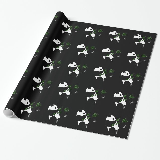 Giant Panda Eats Bamboo Black Presentpapper (Utrullad)
