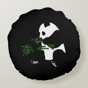 Giant Panda Eats Bamboo Black Rund Kudde