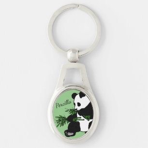 Giant Panda Eats Bamboo Namn Ovalt Silverfärgad Nyckelring