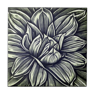 Giant Peony Flower Mönster i Black and White Kakelplatta