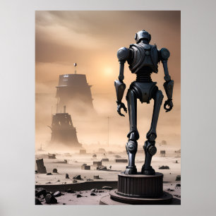 Giant Robot Statue in Isolated Wasteland AI Poster