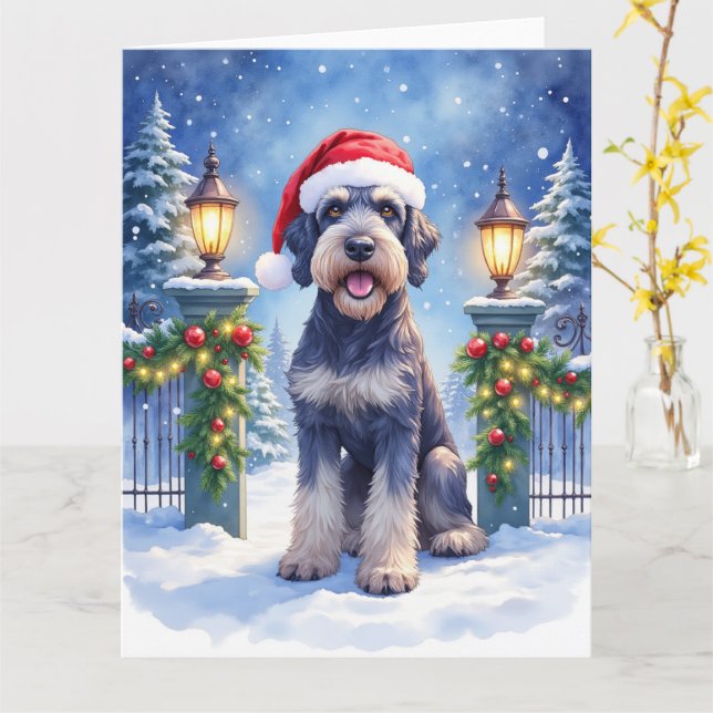 Giant Schnauzer Snowy Iron Fence Santa Christmas Kort (Gul blomma)