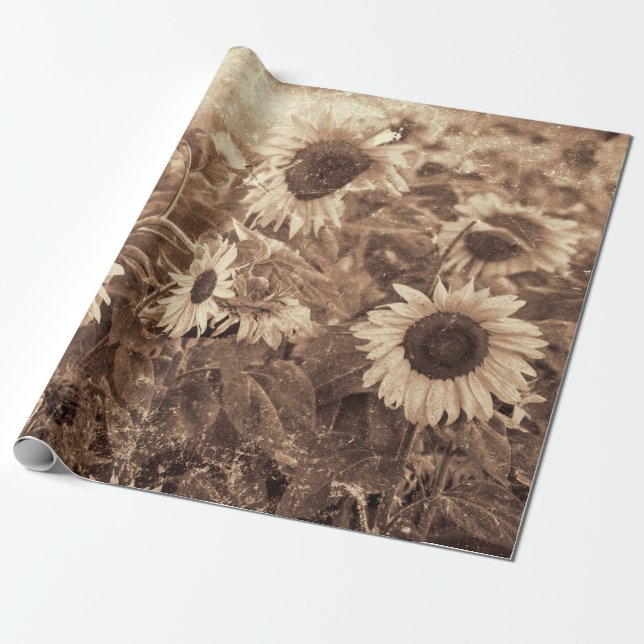 Giant Sunblommor Sepia Blommigt Struktur Decoupage Presentpapper (Utrullad)