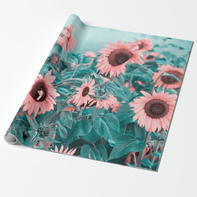 Giant Sunwers Rosa Teal Blommigt Art Decoupage Presentpapper (Utrullad)