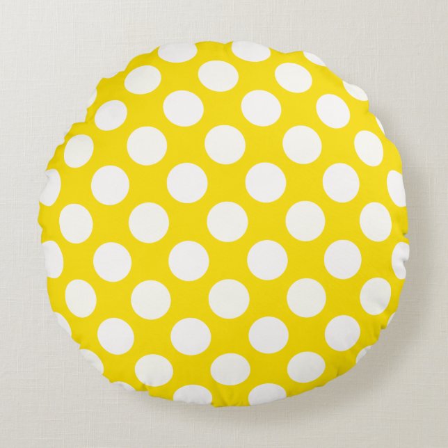 Giant White Polka Dots on Yellow Throw Pillow Rund Kudde (Framsidan)