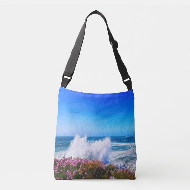 Giantvåg över rosa blomtäckt huvudland axelväska (Framsida)