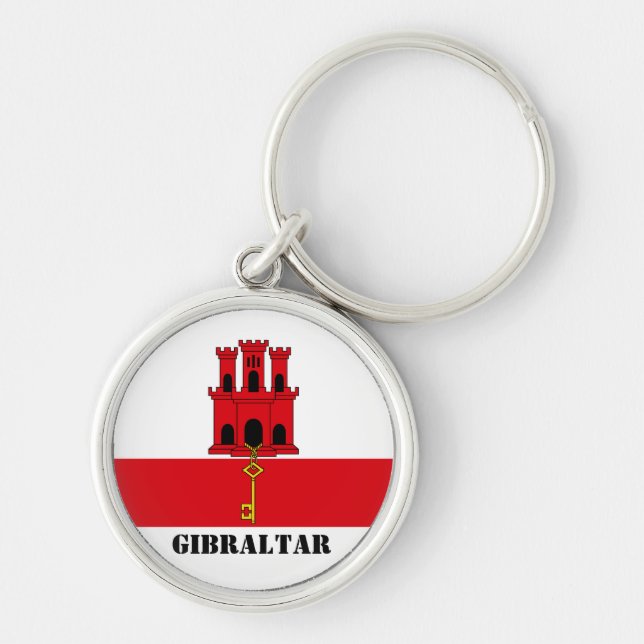 Gibraltar Flagga med text Gibraltar Magnet Rund Silverfärgad Nyckelring (Framsidan)