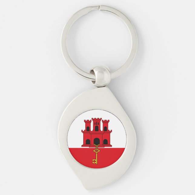 Gibraltars flagga swirl silverfärgad nyckelring (Framsidan)