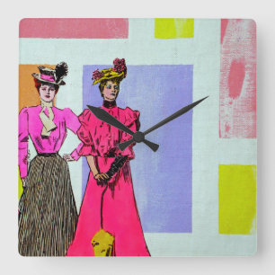 Gibson Girls i Mondrian Mönster Fyrkantig Klocka