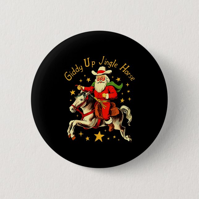 Giddy Up Jingle Horse Funny Retro Santa Cowboy Chr Knapp (Framsida)