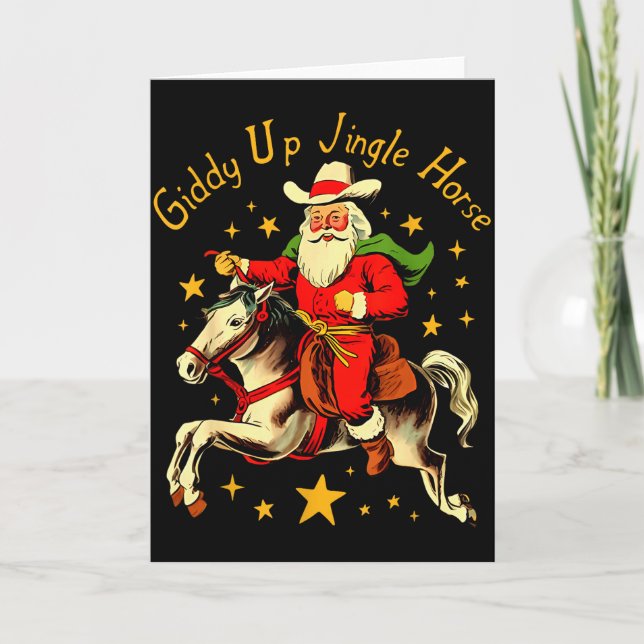 Giddy Up Jingle Horse Funny Retro Santa Cowboy Chr Kort (Framsida)